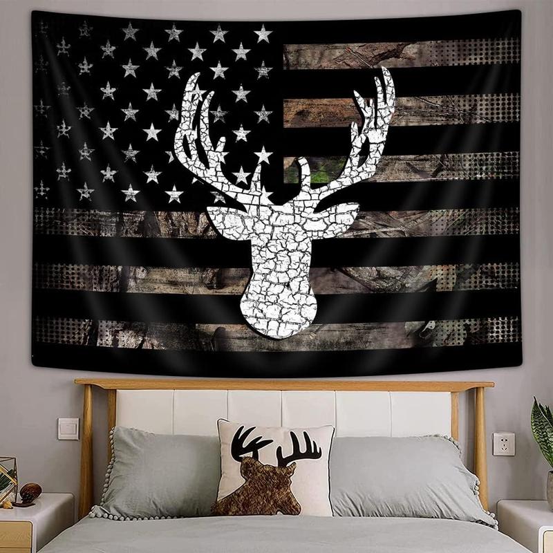 American Flag Hunting Tapestry, Western Black and White Country Deer Tapestry Wall Hanging for Men Bedroom Room, Rustic Camo Tapestries Poster Blanket College Dorm Home Decor 60X40 Inches