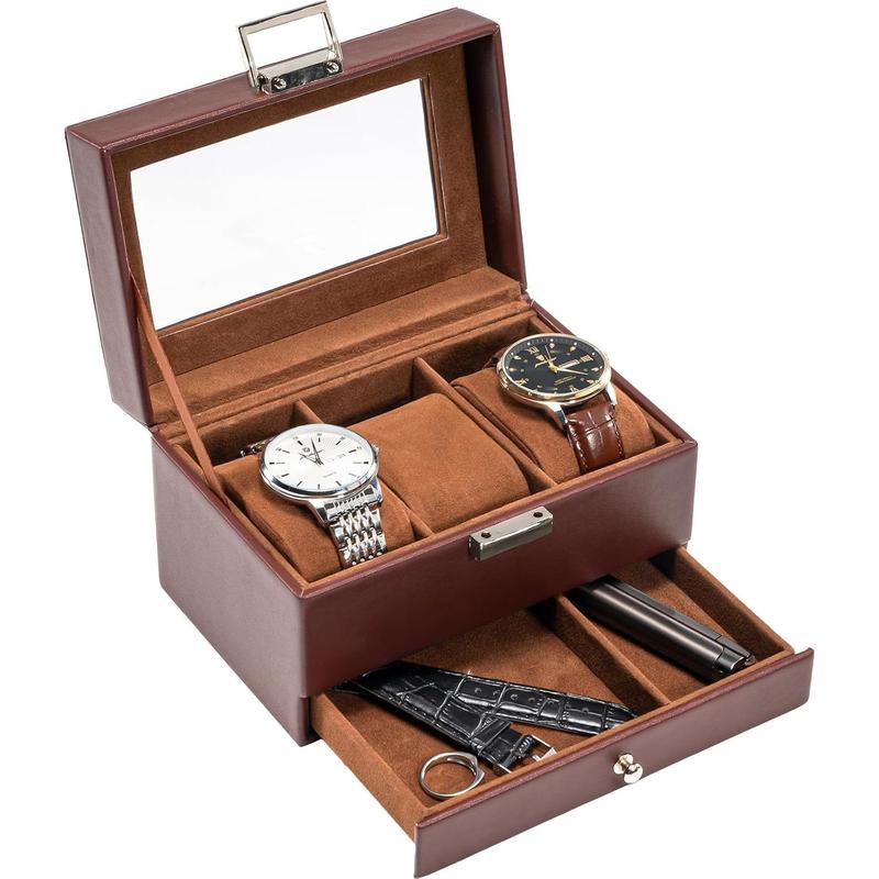 Watch Box for Men, 6 Slot  3Slot Watch Display Case with Drawer, Men Watch Case With Glass Lid, Watch Storage Watch Holder Organizer for Men Women -6 Slot