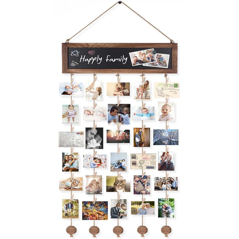 Picture Frames Collage Photo Hanging Display Picture Board Wood Rustic Frames for Wall Decor and Dorm Room Decor with Blackboard and 30 Clips Carbonized Black Gift Decoration