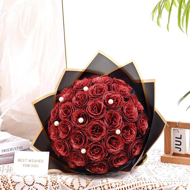 Red Glitter Roses Bouquet, DIY Fake Flowers Bouquet, Everlasting Shiny Artificial Rose Bouquet for Valentine's Day, Anniversary, Engagement, Wedding, 24 Roses Decor Decorative Ornaments gift