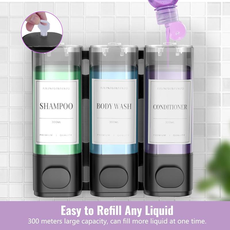 Shampoo and Conditioner Dispenser, 3-Chamber Wall Mounted Shower Soap Dispenser, No Drill Shampoo Pump Dispenser for Shower Bathroom Hotel, 3 * 300ml with Labels, Grey Smooth Transparent