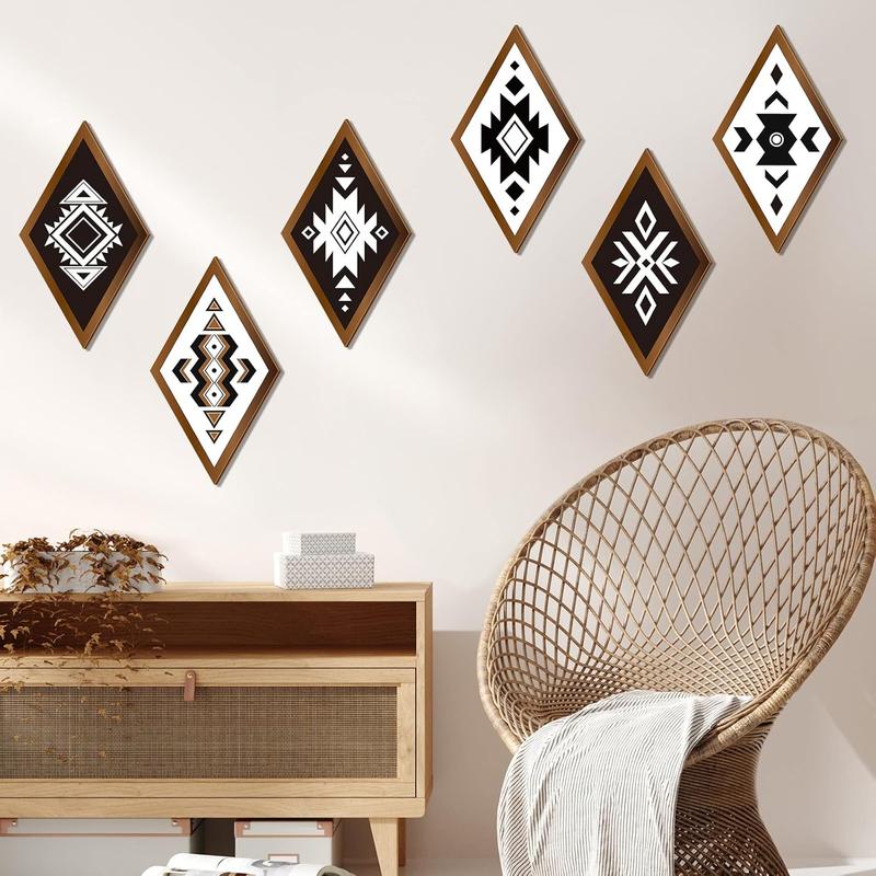 6 Pcs Farmhouse Aztec Wall Decor Western Home Wall Decor Southwestern Rustic Boho Diamond Wood Sign Modern Geometric Hanging Room Ornaments Hangable Wooden Decoration