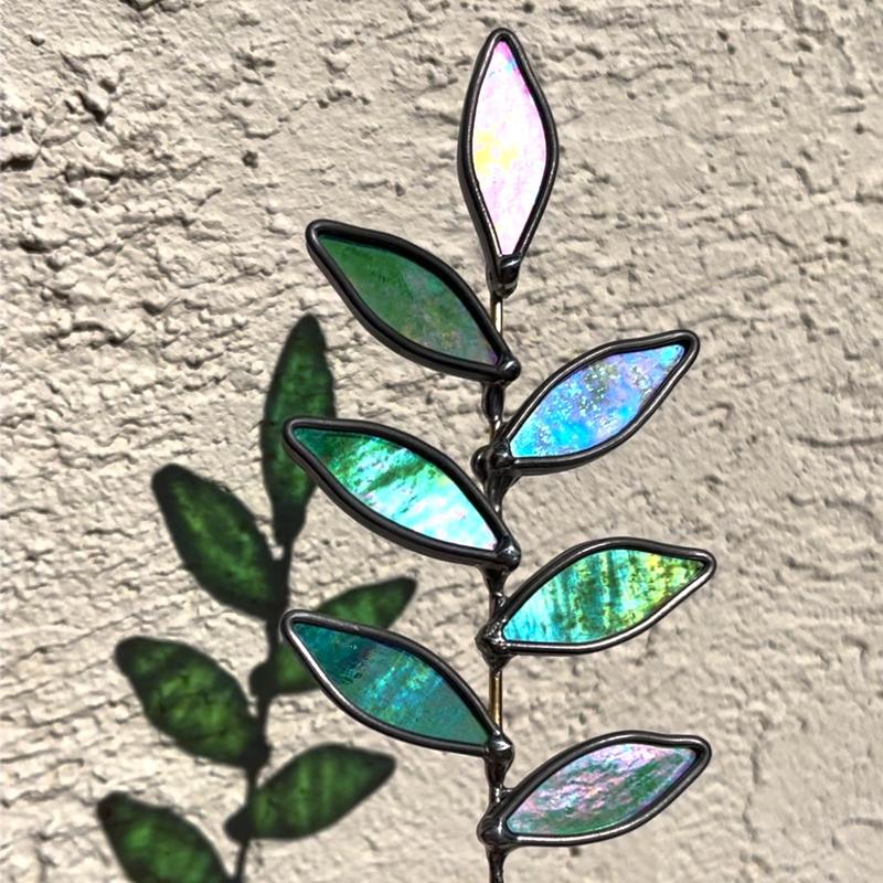 Rainbow Iridescent Green Stained Glass Leaf Stem - Handmade!