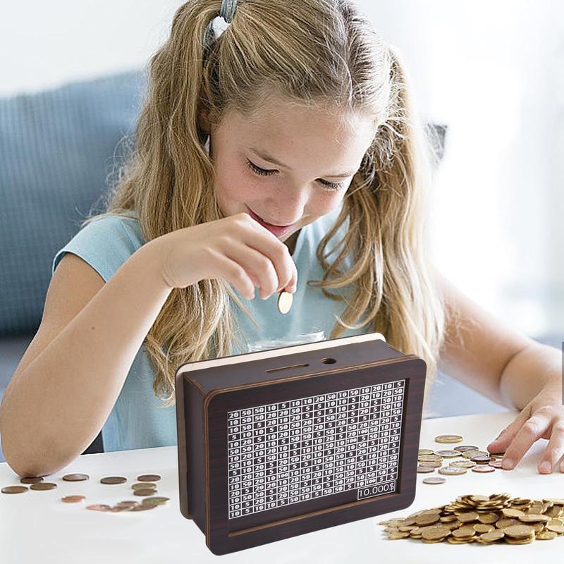 Wooden Piggy Bank, 1 Count Money Saving Box with Marker Pen, Desk Accessories Money Saving Challenge Box, Home Decor for Living Room Bedroom