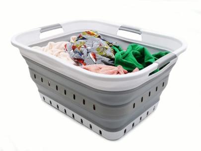 42L (11 gallon) Collapsible Plastic Laundry Basket - Foldable Pop Up Storage Container Organizer - Space Saving Hamper Basket (1, White Grey)