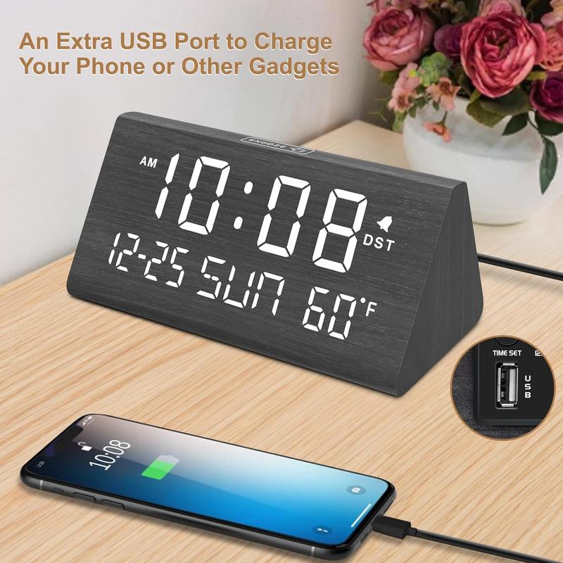 Digital Alarm Clocks for Bedrooms - Wooden Electric Clock, Date, Weekday, Temperature, 0- Brightness, Adjustable Alarm Volume,Housewarming Gift Decor cubo clock