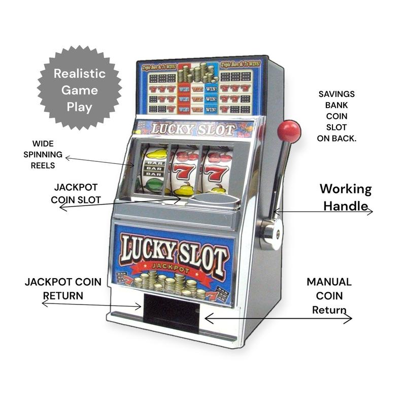 Saving Bank Coin Machine. Piggy bank Wide Spinning Reels. Working Handle. Jackpot Coin Slot. Manuel Coin Return. Jackpot Coin Return. Realistic Game Play Piggy (No Battery Required) Table