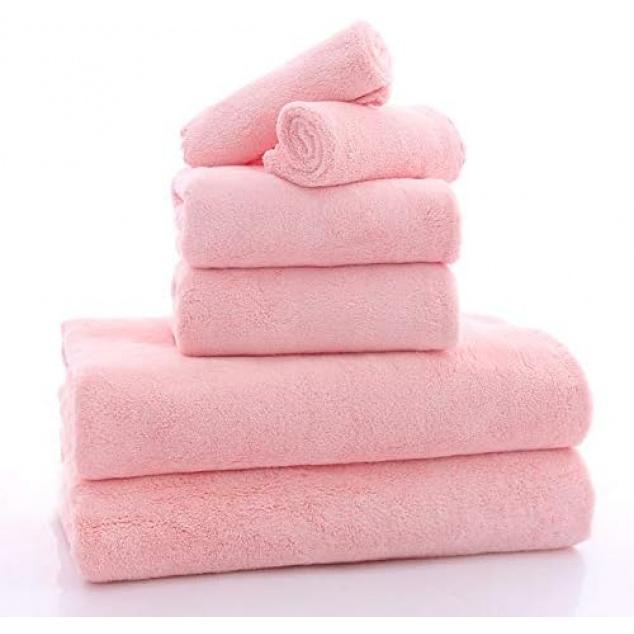 Ultra Soft Towel Set - Quick Drying - 2 Bath Towels 2 Hand Towels 2 Washcloths - Microfiber Coral Velvet Highly Absorbent Towel for Fitness, Bathroom, Sports, Yoga, Travel (Pink, 6 Pcs)