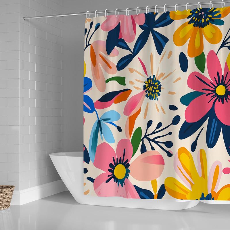 Floral Print Shower Curtain, Boho Style Bathroom Curtain with 12pcs Hooks, Waterproof Fabric Shower Curtain for Home Bathroom Decor