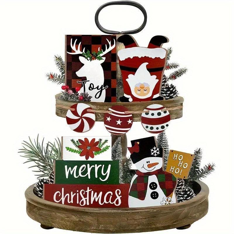 Christmas Themed Tiered Tray Decor, 7 Counts set Wooden Crafts Decoration for Home, Table Centerpieces, Festive Gifts