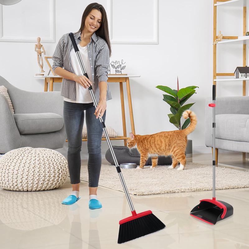 Broom and Dustpan Set, 52-in Long Adjustable Handle Broom Dustpan Combo with Dustpan Teeth to Automatically Clean Hair Suitable