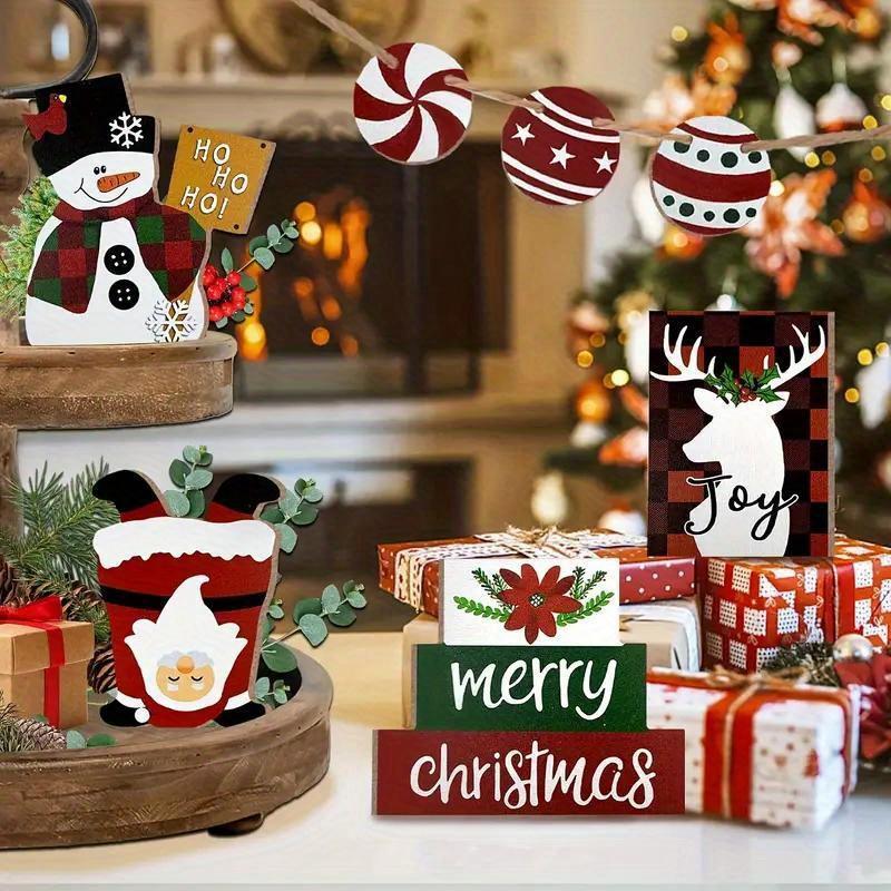 Christmas Themed Tiered Tray Decor, 7 Counts set Wooden Crafts Decoration for Home, Table Centerpieces, Festive Gifts