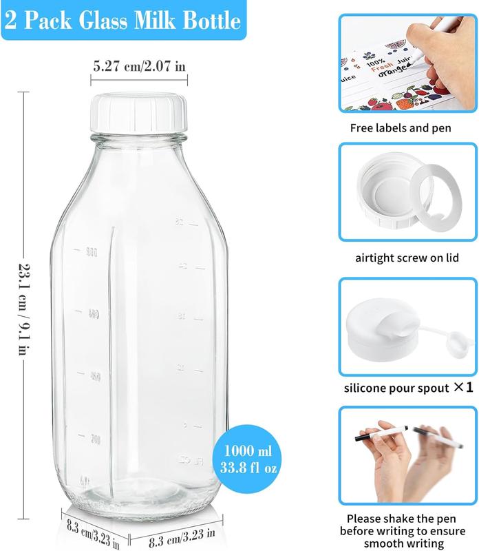 Milk Bottle with Dispenser Cap,  Airtight Heavy Duty Screw Lid. 2 Pack 32 Oz Reusable Glass Bottles with 3 Lids! Jug Pitcher, Buttermilk, Water, Juice Bottles w Cap, Syrup, Honey