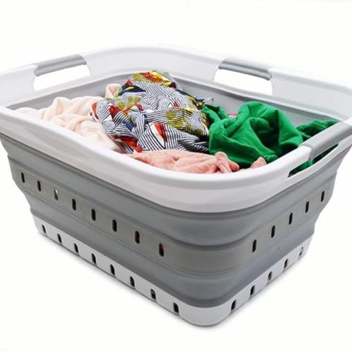 42L (11 gallon) Collapsible Plastic Laundry Basket - Foldable Pop Up Storage Container Organizer - Space Saving Hamper Basket (1, White Grey)