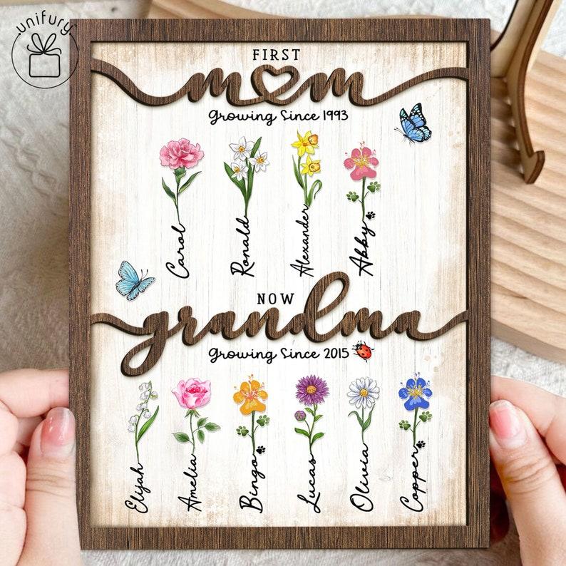 Personalized Flower Birth Month Garden Wooden Sign Frame, First Mom Now Grandma Sign, Gift For Mom Gift For Grandma With Kids Names