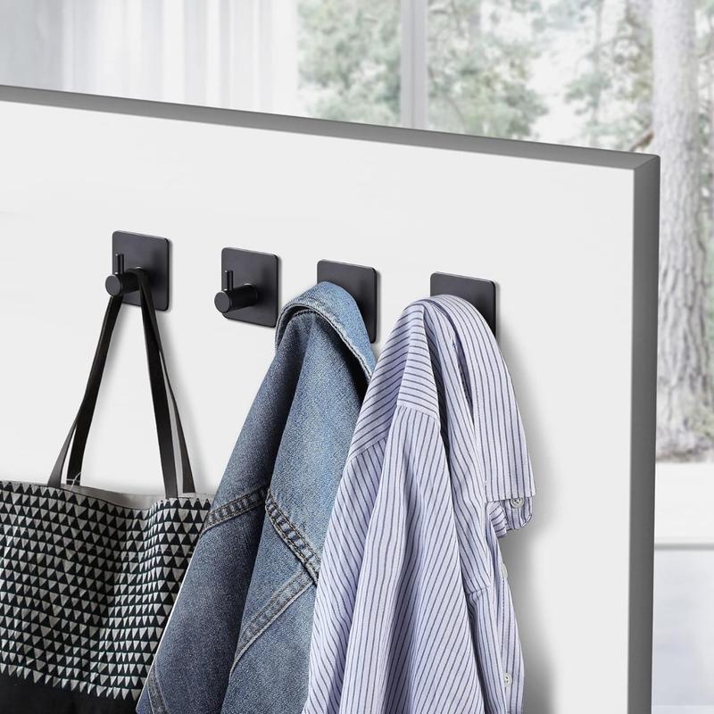 Adhesive Hooks Towel Hook - Wall Hooks Stick on Hooks Heavy Duty for Hanging Towels Coat Hat Bag in Bathroom, Bedroom, Dorm, SUS-304 Stainless Steel Matte Black 4 Packs Organiser Hangable Hangers