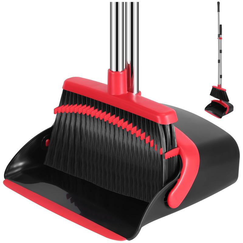 Broom and Dustpan Set, 52-in Long Adjustable Handle Broom Dustpan Combo with Dustpan Teeth to Automatically Clean Hair Suitable