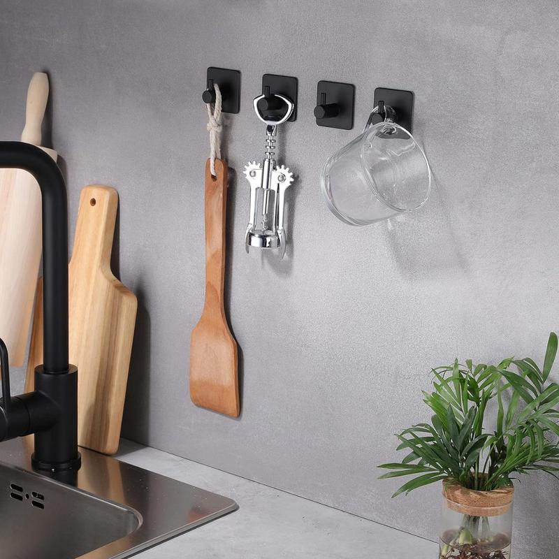 Adhesive Hooks Towel Hook - Wall Hooks Stick on Hooks Heavy Duty for Hanging Towels Coat Hat Bag in Bathroom, Bedroom, Dorm, SUS-304 Stainless Steel Matte Black 4 Packs Organiser Hangable Hangers