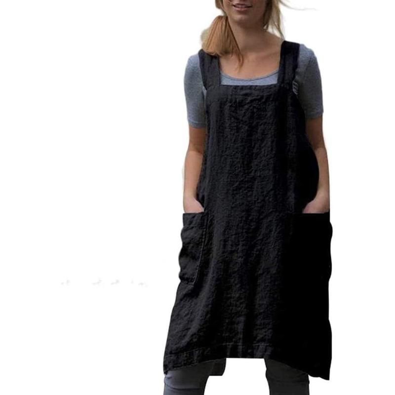 Women's Pinafore Apron Cross Back Apron with Pockets Cotton Linen Apron Dress Plus Size