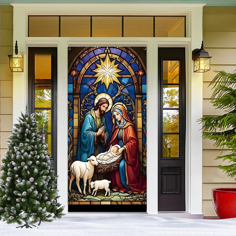 Christmas Eve Themed Door Banner, 1 Count Jesus Birth Door Hanging Banner, Door Curtain, Home Decor for Living Room Bedroom, Festive & Party Supplies