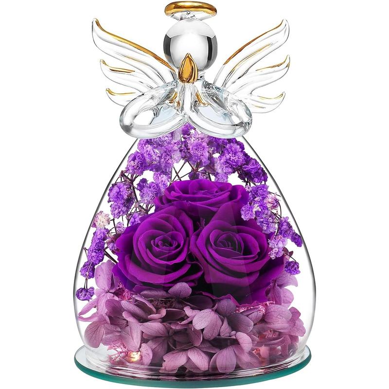 Angel Rose Gifts for Women Mom Christmas Birthday Gifts for Grandma, Xmas Mom Wife Gifts from Daughter Son, Preserved Rose in Glass Angel Figurine Dried Preserved Flower Gifts for Her Purple