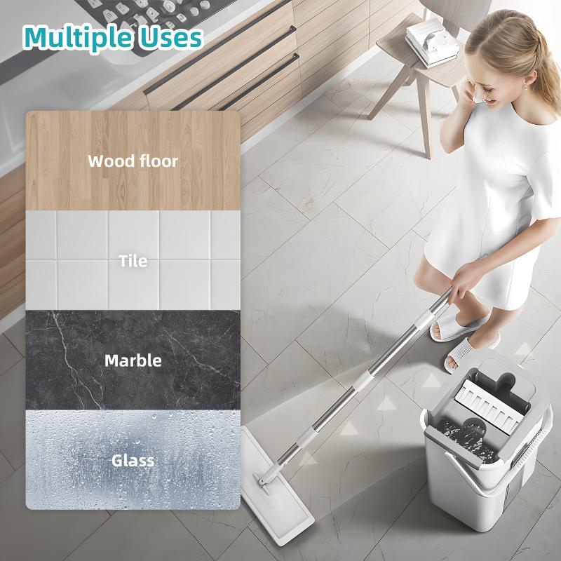 1 Set, Hands-Free Mop And Bucket With Wringer Set, Flat Floor Cleaning System With 3 Washable Microfiber Pads, Dust And Dirt Removal, Wet And Dry Use, Spin Mop For All Floor Types And Windows