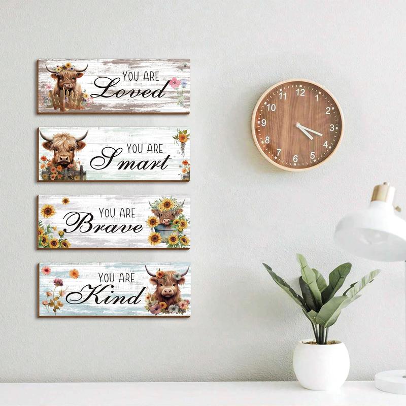 Letter & Highland Cow & Flower Pattern Wooden Sign, 4pcs set Rustic Farmhouse Wall Art Plaque, Wall Decor for Home Living Room Bedroom Bathroom Kitchen