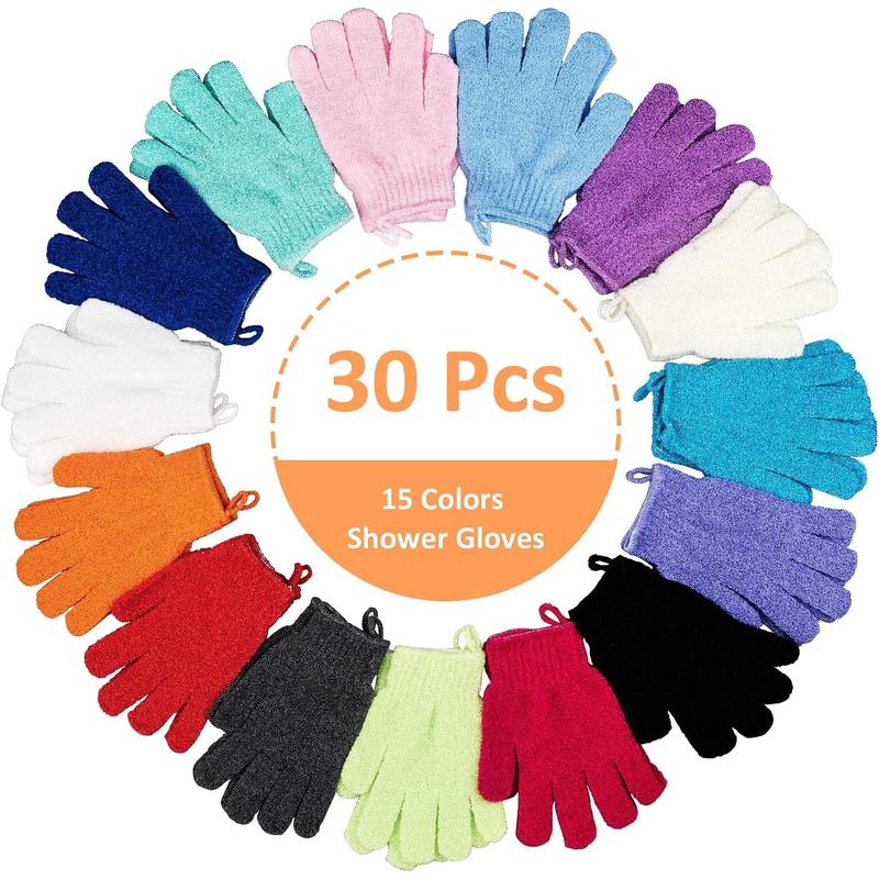 30 Count Exfoliating Gloves for Shower, 15 Colors Body Exfoliator Glove with Hanging Loop, Scrub Exfoliate Glove Mitt Bath Face Spa Hand Scrubber Wash Deep Scrubbing Dead Skin for Women Men