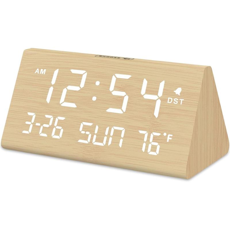 Digital Alarm Clocks for Bedrooms - Wooden Electric Clock, Date, Weekday, Temperature, 0- Brightness, Adjustable Alarm Volume,Housewarming Gift Decor cubo clock