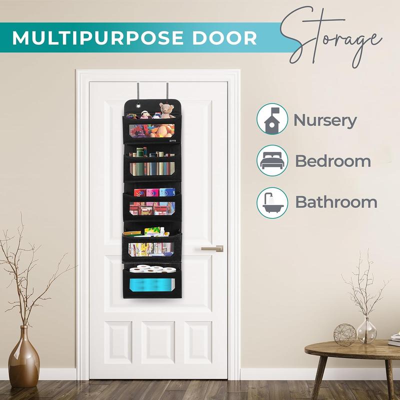 Hanging Closet Organizer, Over The Door Storage with Compartments, Over The Door Pantry Organizer, Hanging Organizers for Sweaters (5 Pockets, Black)