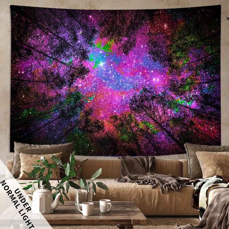 Mysterious Forest Night Scene Fluorescent Tapestry, Fantasy Galaxy Polyster UV Blacklight Tapestry, Wall Hanging For Living Room Bedroom Office Home Decor Room Decor Party Decor