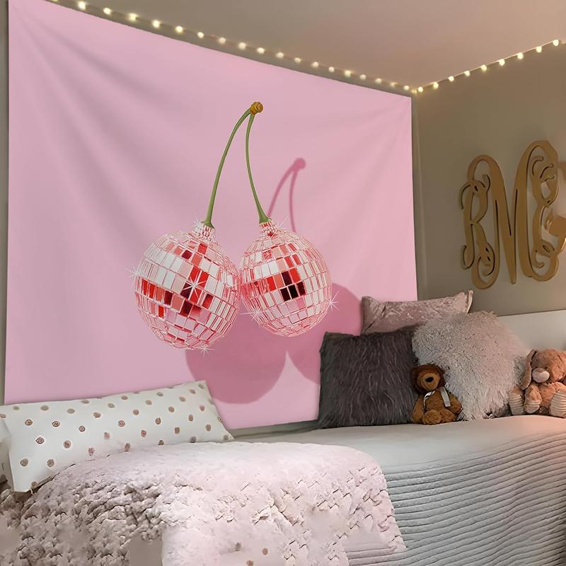 Pink Preppy Cherry Disco Ball Tapestry - Pink Preppy Tapestry Wall Hanging for Girls Room Dorm, Preppy Room Decor Aesthetic, Pink Wall Blanket Decor, 50x60 Inches