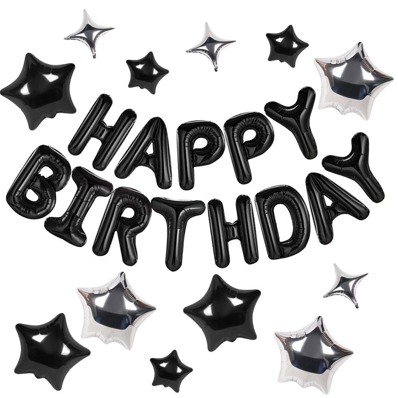 Happy Birthday Banner 13pcs 16 Inch Foil Letters with 12pcs Star Balloons Birthday Party Decorations for Adults - 3D Black