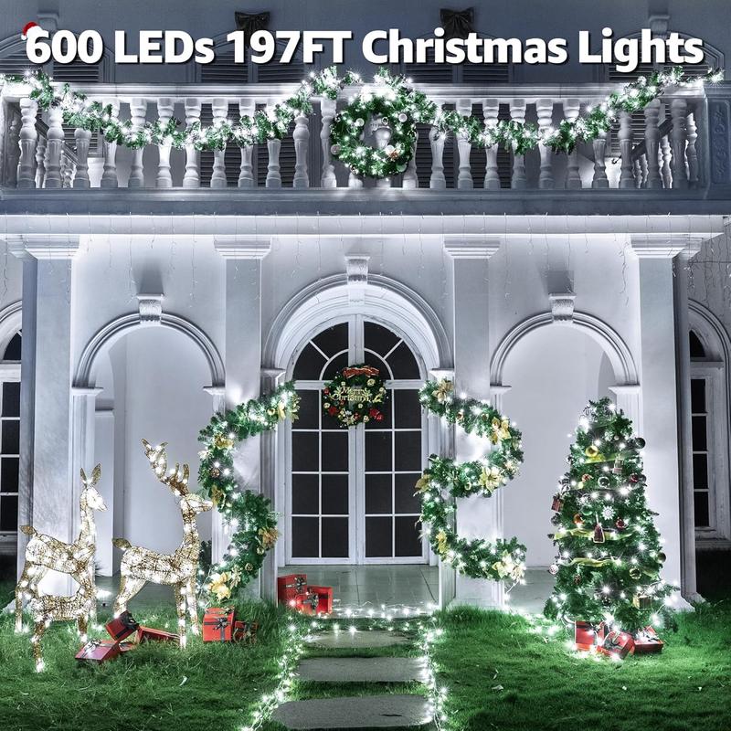 Christmas Lights 197 FT 600 LED, Waterproof Outdoor String Lights with Remote and Timer, White Christmas Tree Lights with 8 Modes Dimmable, Fairy Lights Plug in for Wedding Holiday Christmas Decor