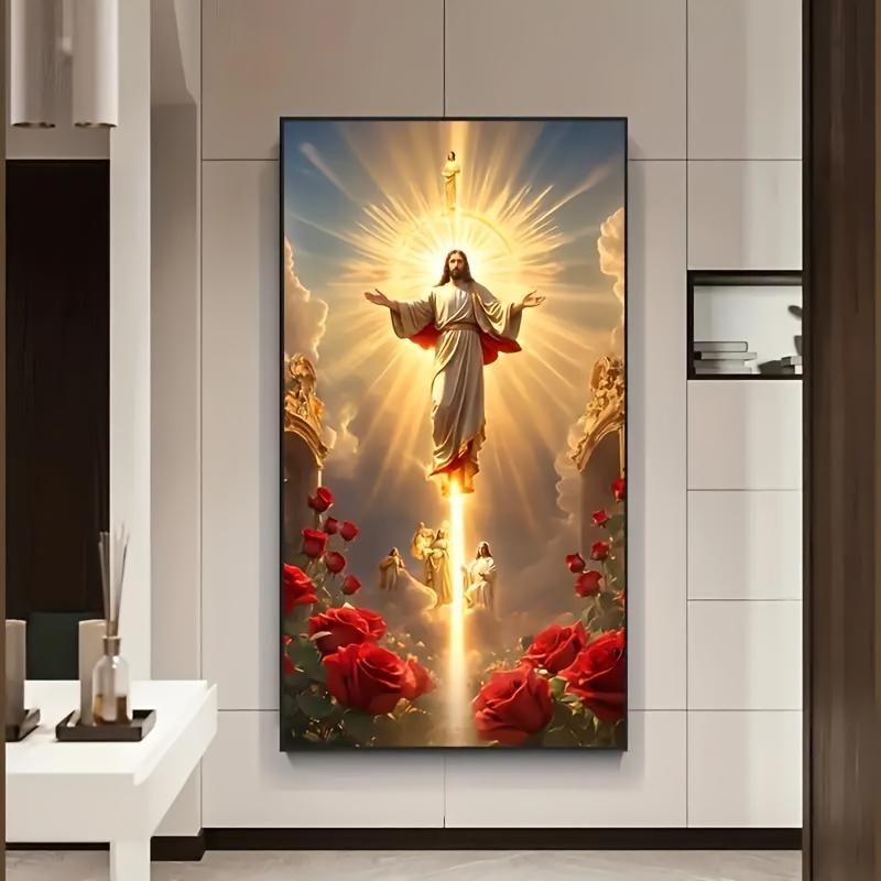 1 large HD Jesus canvas poster, Religious wall art picture, Jesus Picture Home Decoration Ascension Scene with Angels and Roses, Spiritual Living Room bedroom artwork, frameless Christian holiday gift, Eid al-Mubarak, frameless