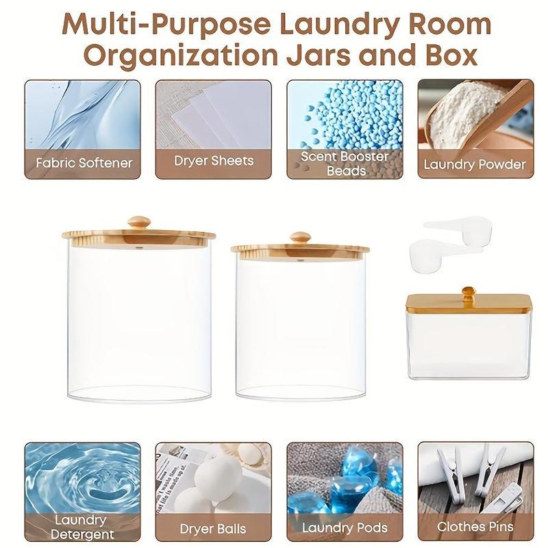 Large Capacity Laundry Room Organization Jar, 2 3 Counts Clear Acrylic Laundry Detergent Container with Scoops & Labels, Laundry Jars for Powder Dryer Balls Scent Boosters