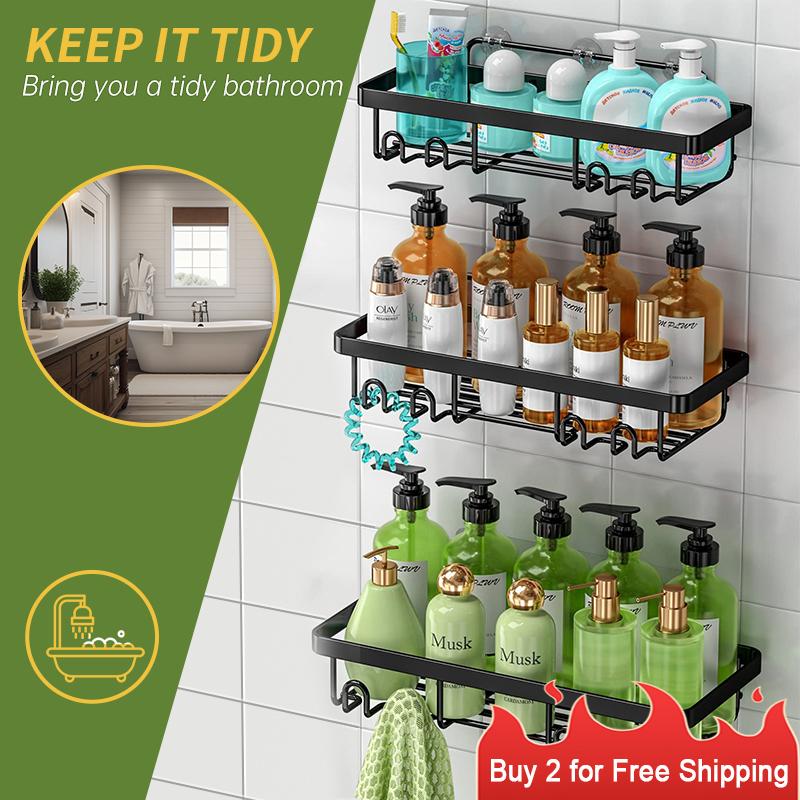 Shower Caddy Shelf Organizer Rack, Self Adhesive Black Bathroom Shelves Basket, Home Farmhouse Wall Shower Inside Organization and Storage Decor, Home Items Accessories, Moforoco Hanging Kitchen&Skincare&Cosmetic Organisers, Hollow Bathroom Rack Shelf