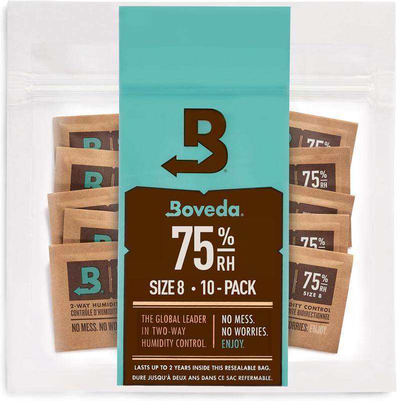 Boveda 75% Two-Way Humidity Control Packs For Storing Up to 5 Items – Size 8 – 10 Pack – For Small Non-Plastic Travel Cases – Moisture Absorbers – Humidifier Packs in Resealable Bag