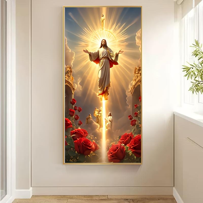 1 large HD Jesus canvas poster, Religious wall art picture, Jesus Picture Home Decoration Ascension Scene with Angels and Roses, Spiritual Living Room bedroom artwork, frameless Christian holiday gift, Eid al-Mubarak, frameless