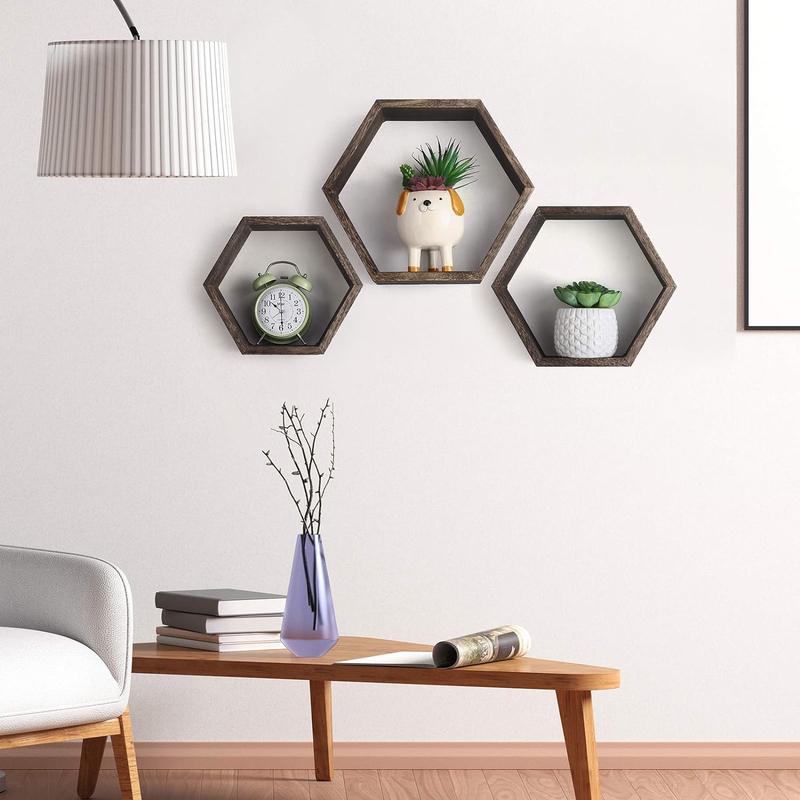 Hexagonal Shelf 3 Packs Wall Mounted Shelves Wooden Display Shelf for Wall Installation Bathroom Kitchen Bedroom Living Room Office Decor , Brown