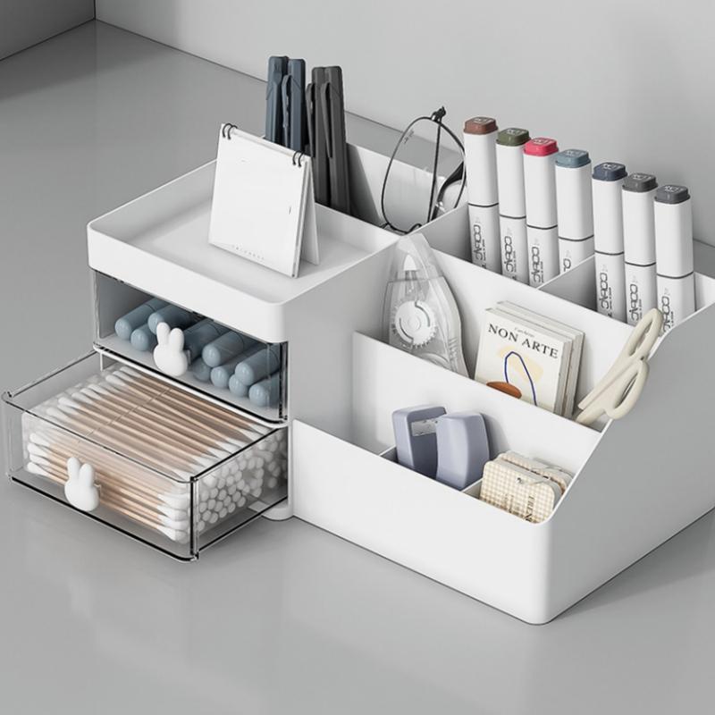 White Plastic Makeup Organizer with Sliding Storage Drawer for Home Office School  Drawer Storage Holder Box Racks