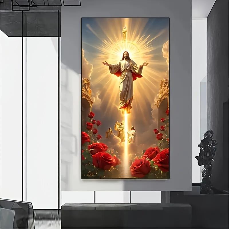 1 large HD Jesus canvas poster, Religious wall art picture, Jesus Picture Home Decoration Ascension Scene with Angels and Roses, Spiritual Living Room bedroom artwork, frameless Christian holiday gift, Eid al-Mubarak, frameless