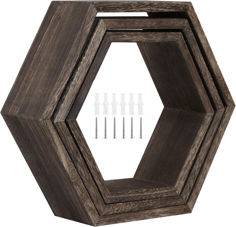 Hexagonal Shelf 3 Packs Wall Mounted Shelves Wooden Display Shelf for Wall Installation Bathroom Kitchen Bedroom Living Room Office Decor , Brown