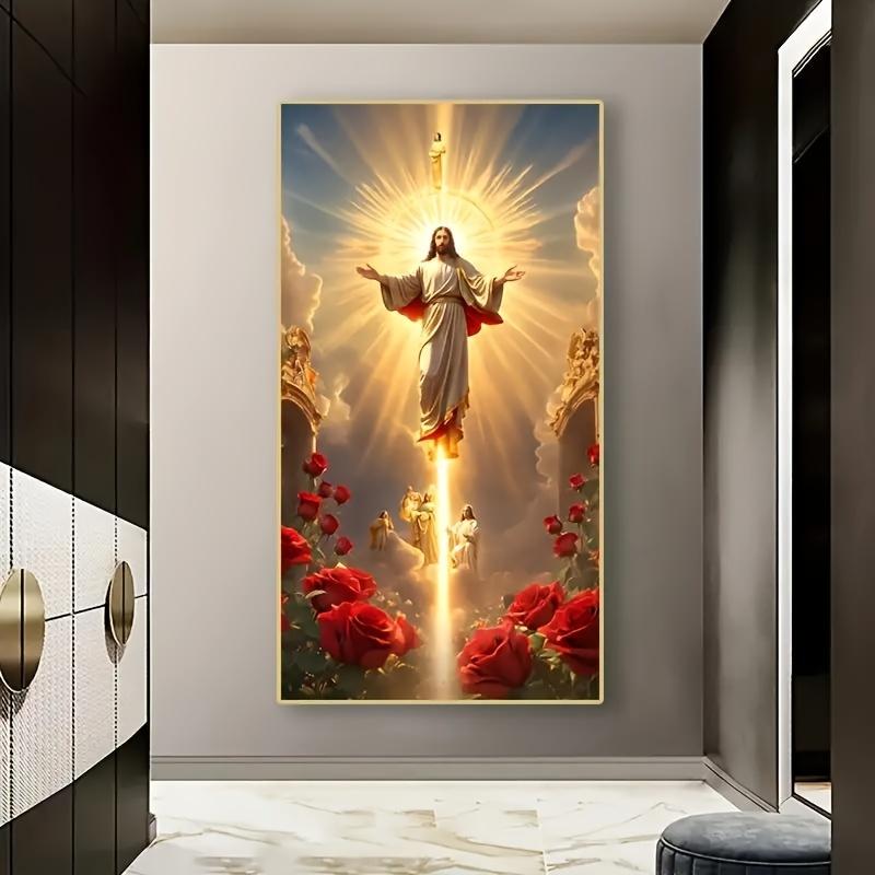 1 large HD Jesus canvas poster, Religious wall art picture, Jesus Picture Home Decoration Ascension Scene with Angels and Roses, Spiritual Living Room bedroom artwork, frameless Christian holiday gift, Eid al-Mubarak, frameless