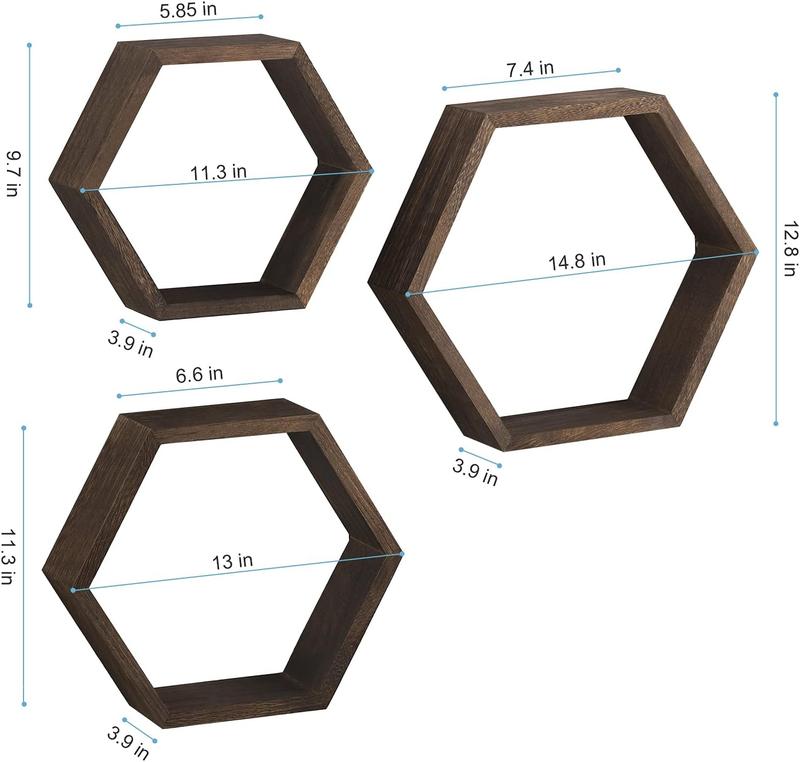 Hexagonal Shelf 3 Packs Wall Mounted Shelves Wooden Display Shelf for Wall Installation Bathroom Kitchen Bedroom Living Room Office Decor , Brown