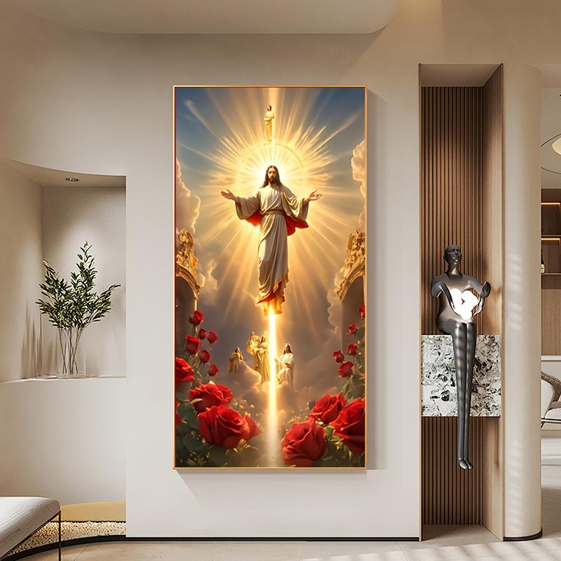 1 large HD Jesus canvas poster, Religious wall art picture, Jesus Picture Home Decoration Ascension Scene with Angels and Roses, Spiritual Living Room bedroom artwork, frameless Christian holiday gift, Eid al-Mubarak, frameless