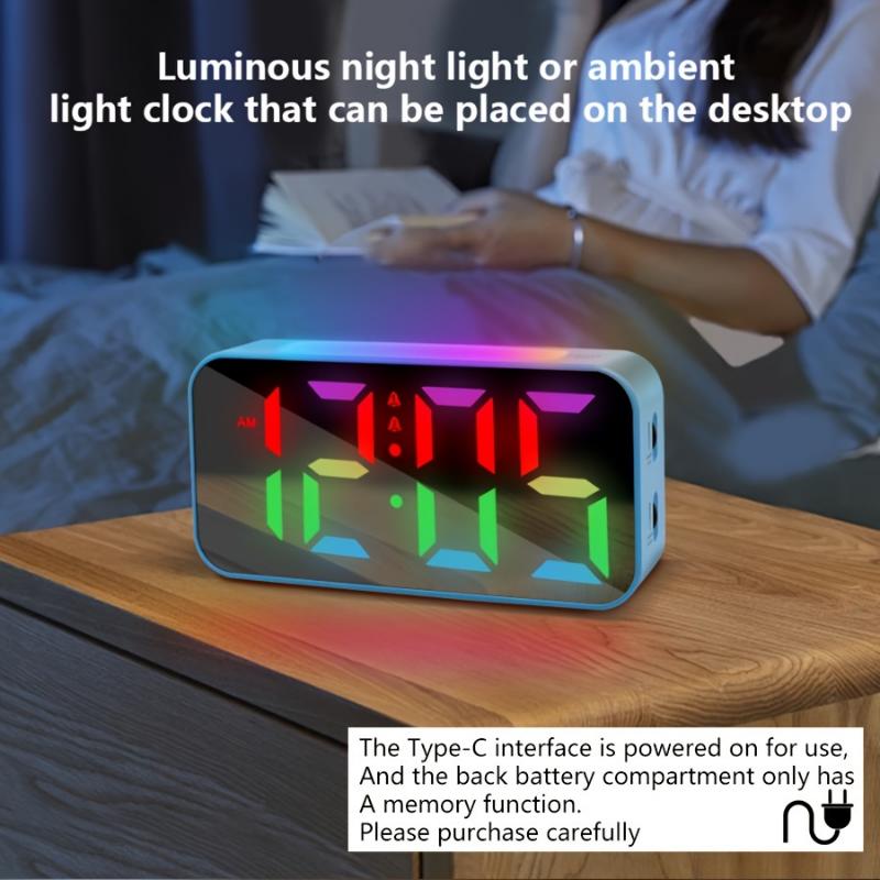 hatch alarm clock 1pc Multifunctional Iridescent Ambient Light Mirror Alarm Clock with Adjustable Screen Brightness and Color, Two Sets of Alarm Clock Functions, USB Plug-in, and Atmosphere Lighting