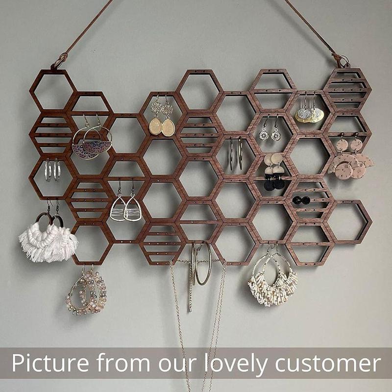 Wooden Honeycomb Design Jewelry Storage Rack, 1 Count Vintage Earring Display Rack, Jewelry Organizer for Earrings & Necklace, Gifts for Girlfriend