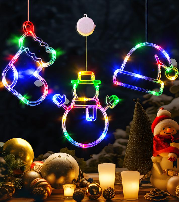 LOLStar Christmas Window Lights, 3 Pack Multicolor Christmas Stocking, Snowman,Santa Hat Lights With Suction Cup, Timer Function And Slow Fade Mode BatteryOperated Lights For Christmas Decoration