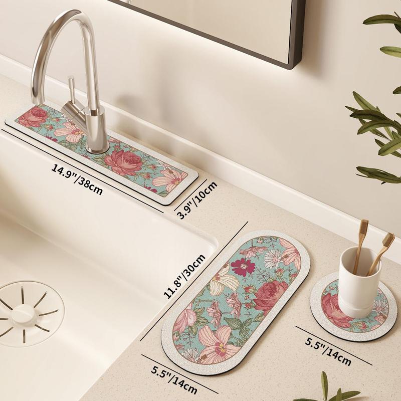 Rose Pattern Sink Mat, Non-slip Kitchen Sink Splash Proof Mat, Kitchen Sink Drip Mat, Bathroom Sink Mat, Countertop Drying Mat for Kitchen Bathroom